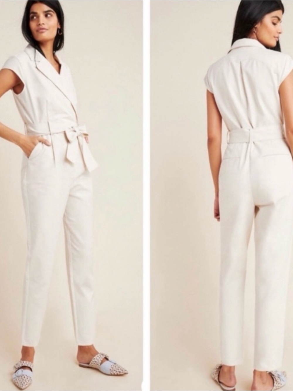 Anthropologie Cream Sleeveless Tailored Jumpsuit with Tie Waist